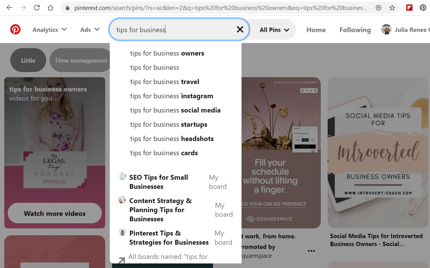 Screenshot of searches for tips for businesses in Pinterest