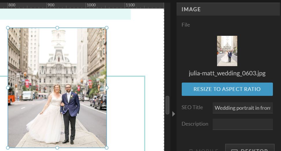 Screenshot of an image alt tag for a bride and groom in Showit