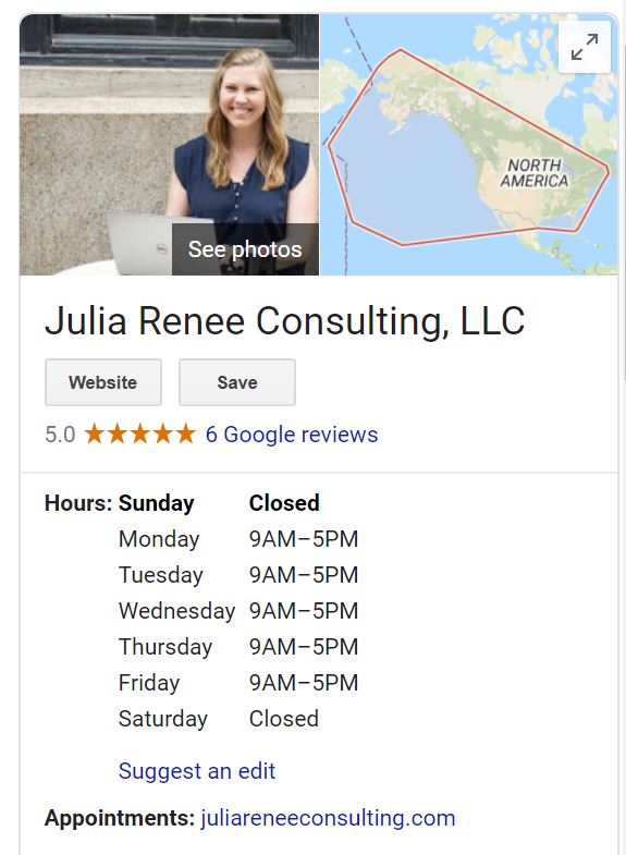 Google My Business example for Julia Renee Consulting