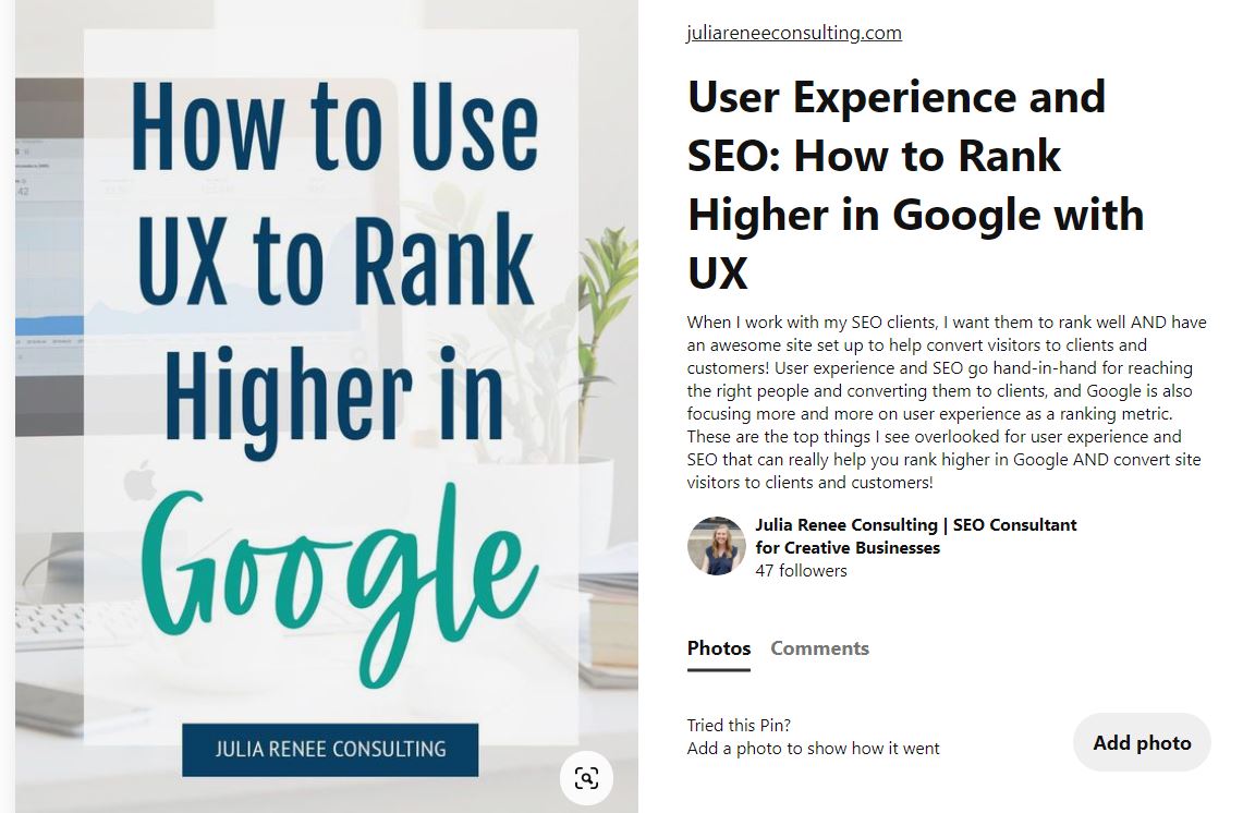 Screenshot of pin title and description about UX and Google