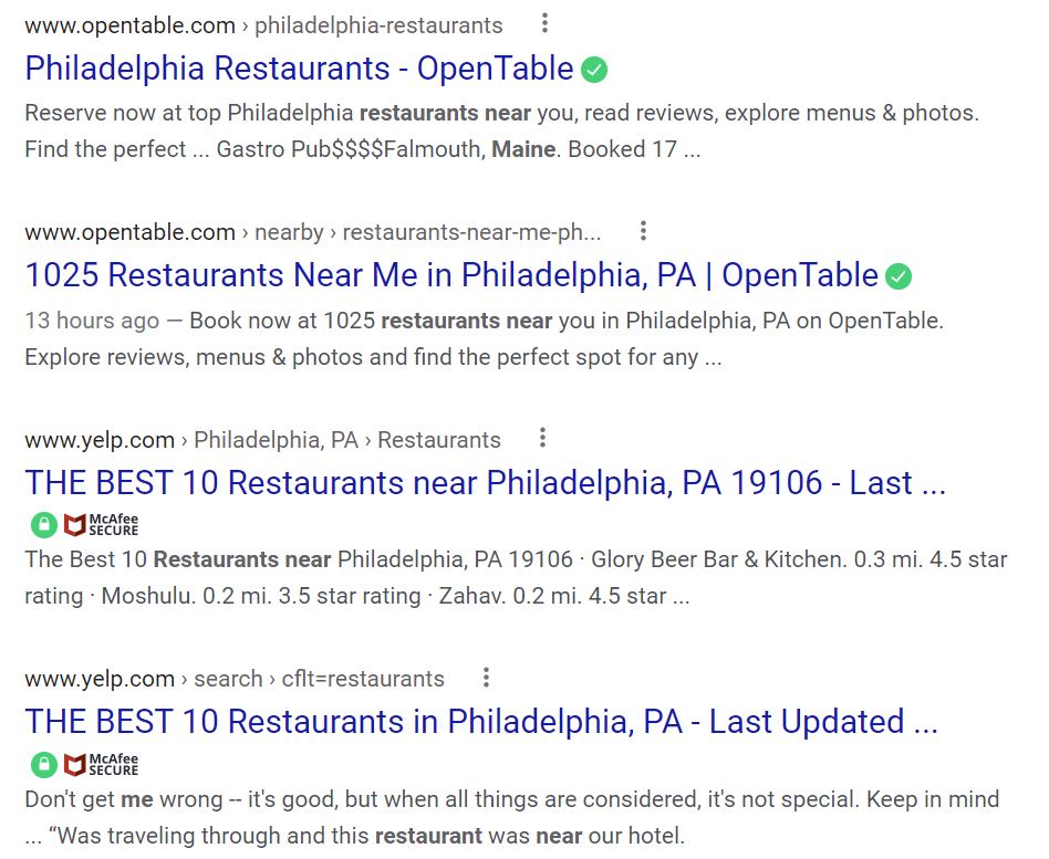Screenshot of Google search for restaurants in Philadelphia