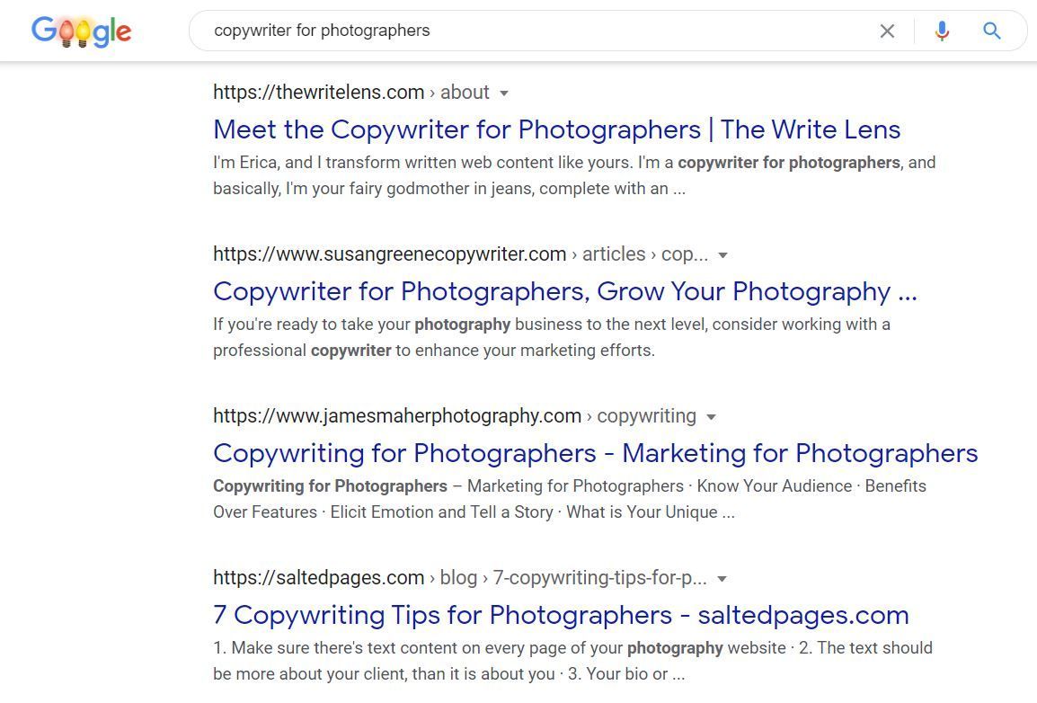 Screenshot of title tags and meta descriptions in Google for "copywriter for photographers"