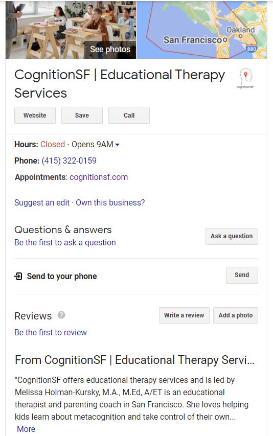 Screenshot of CognitionSF Google My Business listing