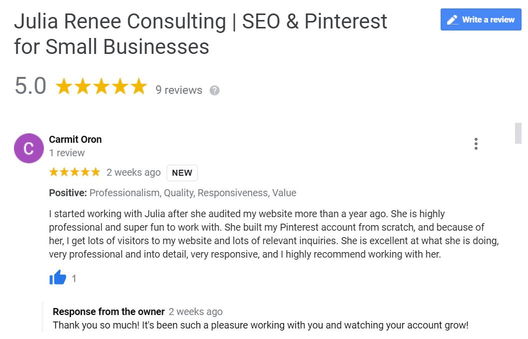 Screenshot of Julia Renee Consulting Google My Business review
