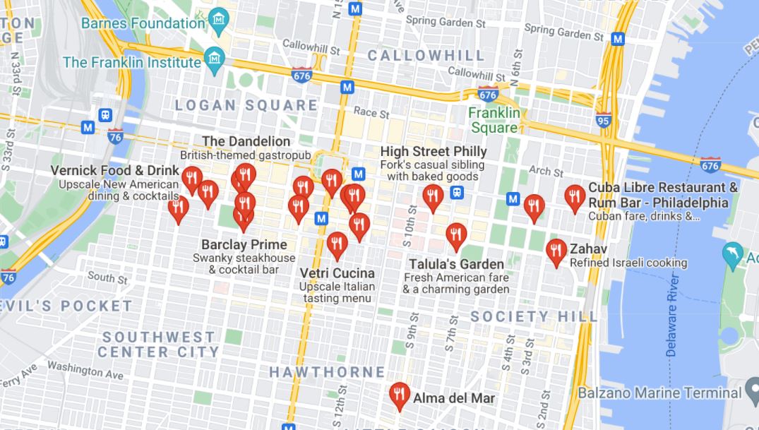 Screenshot of map of restaurants in Philadelphia
