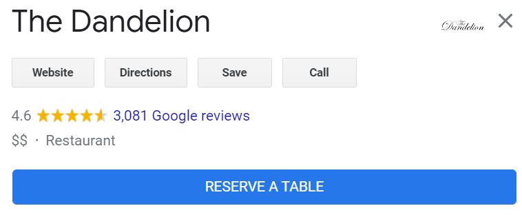 Screenshot of 'reserve a table' button for The Dandelion