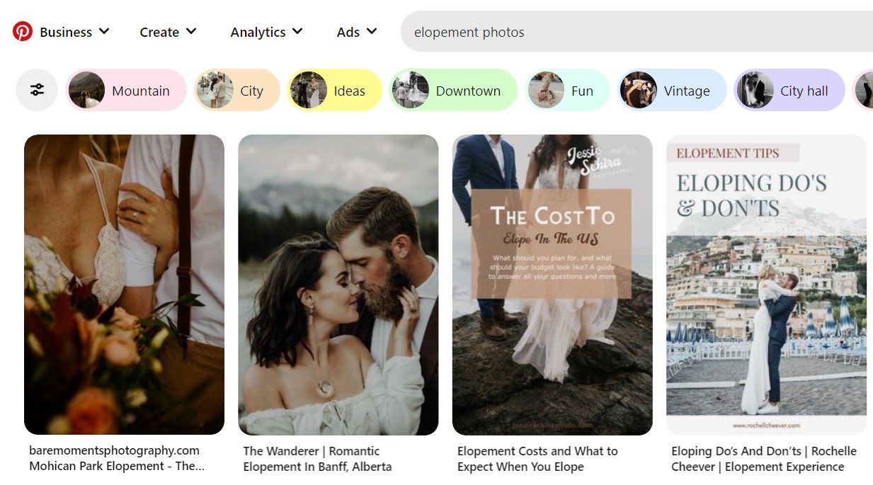 Screenshot of elopement photos in Pinterest