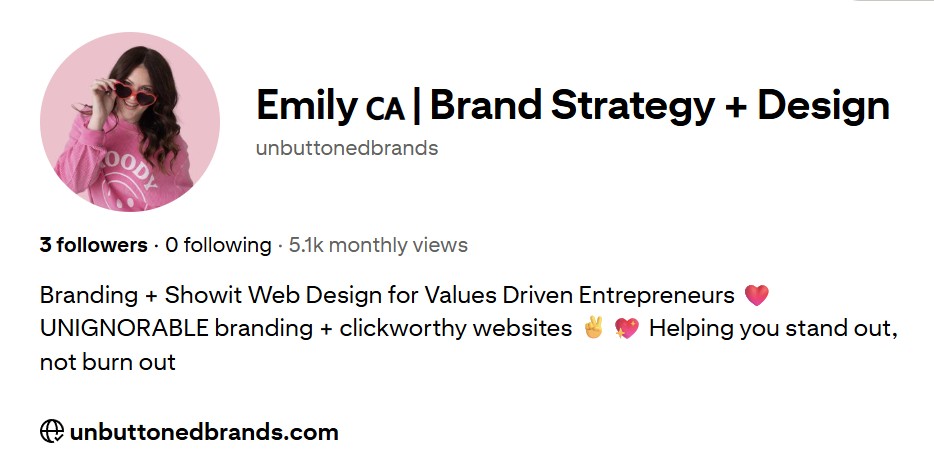 Screenshot of Emily Brand Strategist's Pinterest profile bio